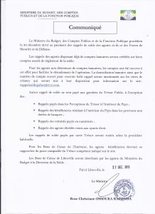 Annonce Paiement des Rappels par Madame le Ministre du Budget, des Comptes Publics et de la Fonction Publique Mme Rose Christiane OSSOUKA RAPONDA